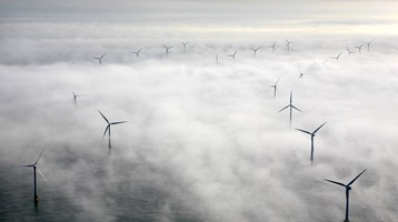 wind farm in sea in mist