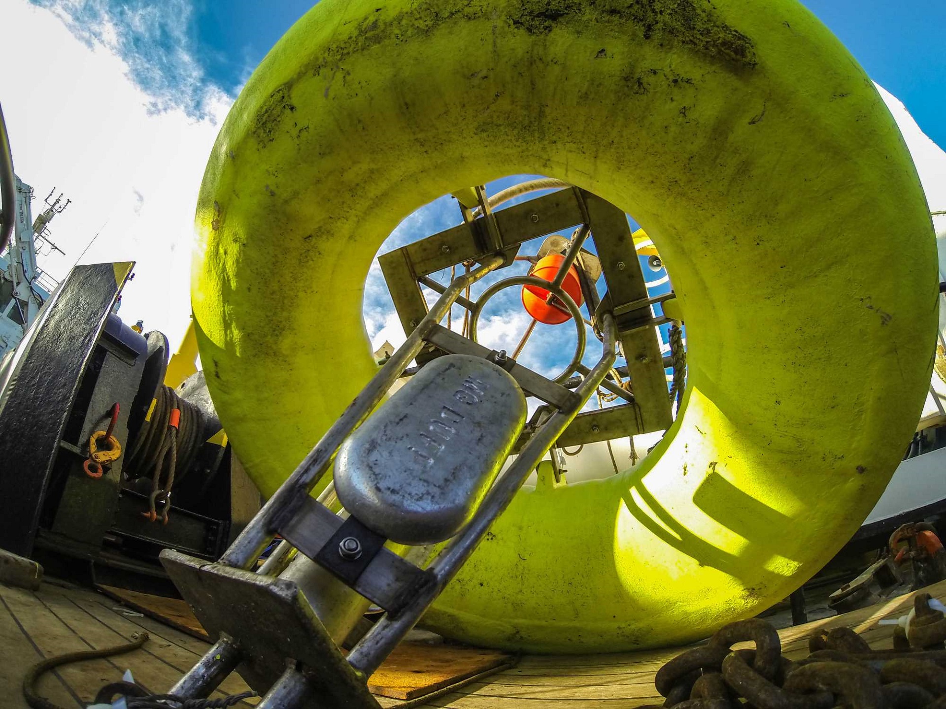 a smartbuoy - floatable scientific device - on the deck of a ship